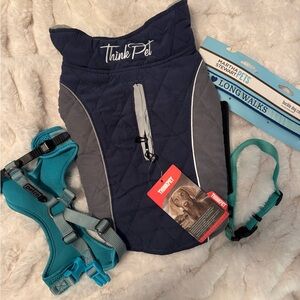 Time to Walk Bundle: New ThinkPet Quilted Dog Jacket in Navy and Gray. Size M.